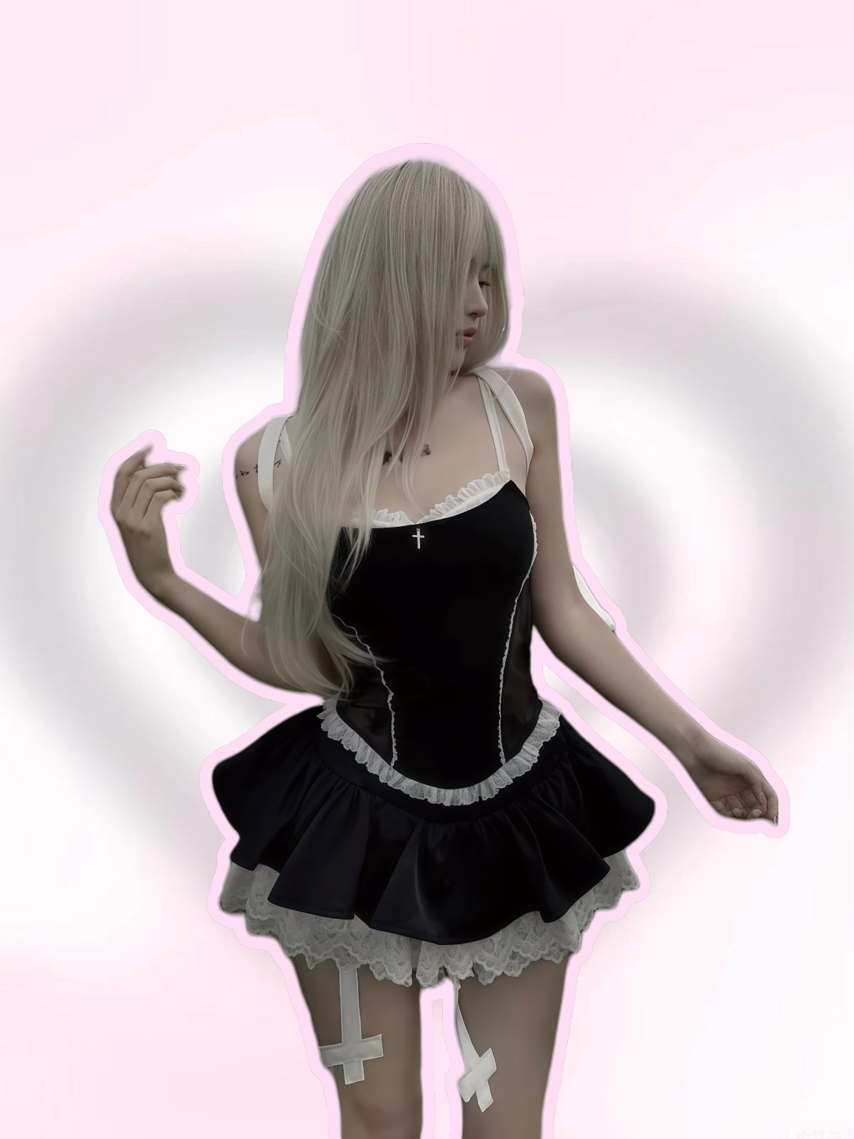 Gothic Cross Lace Trim Corset Top and Layered Mini Skirt Set