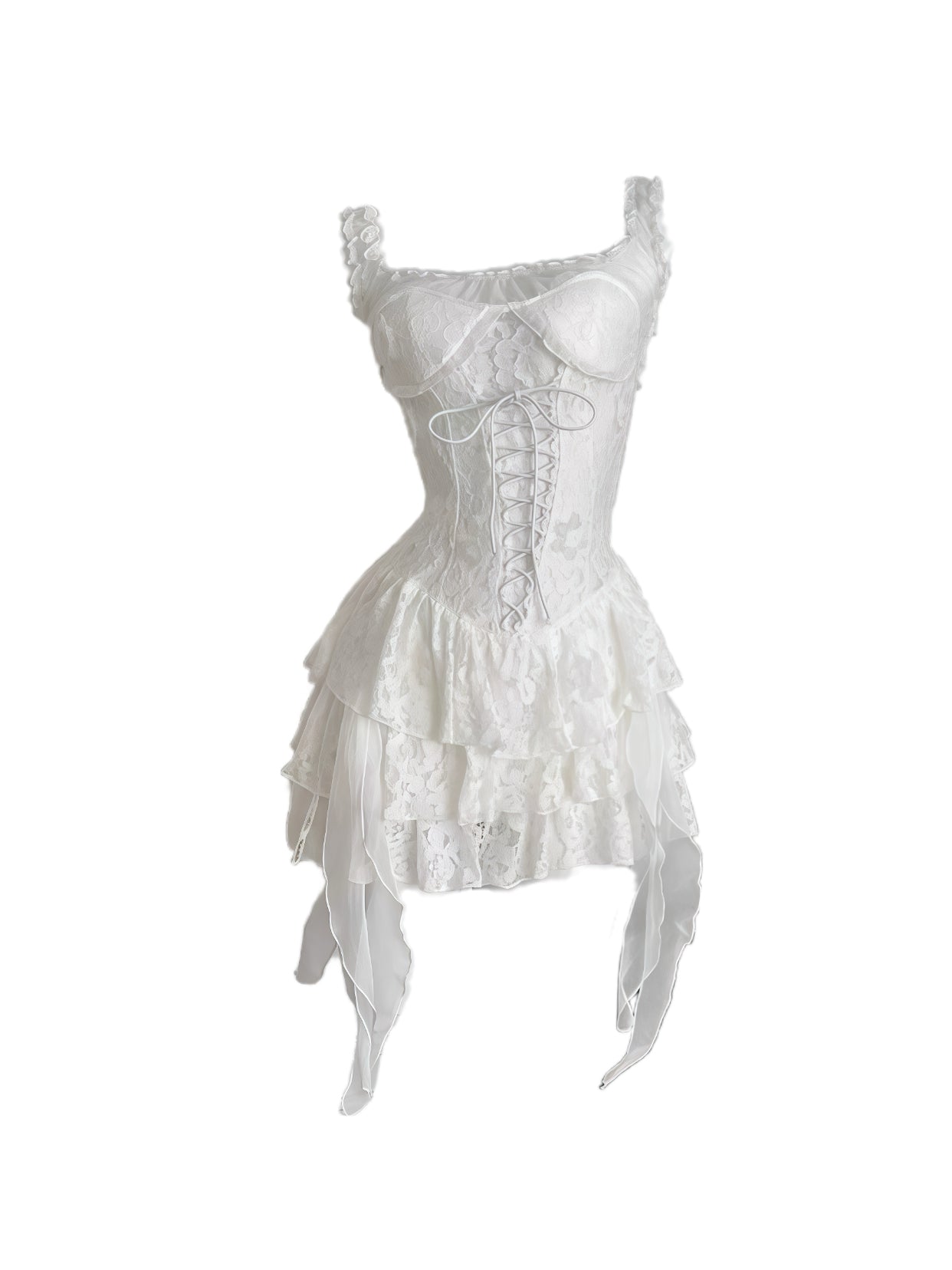 Lace Off-Shoulder Corset Dress with Ruffle Layered Hem