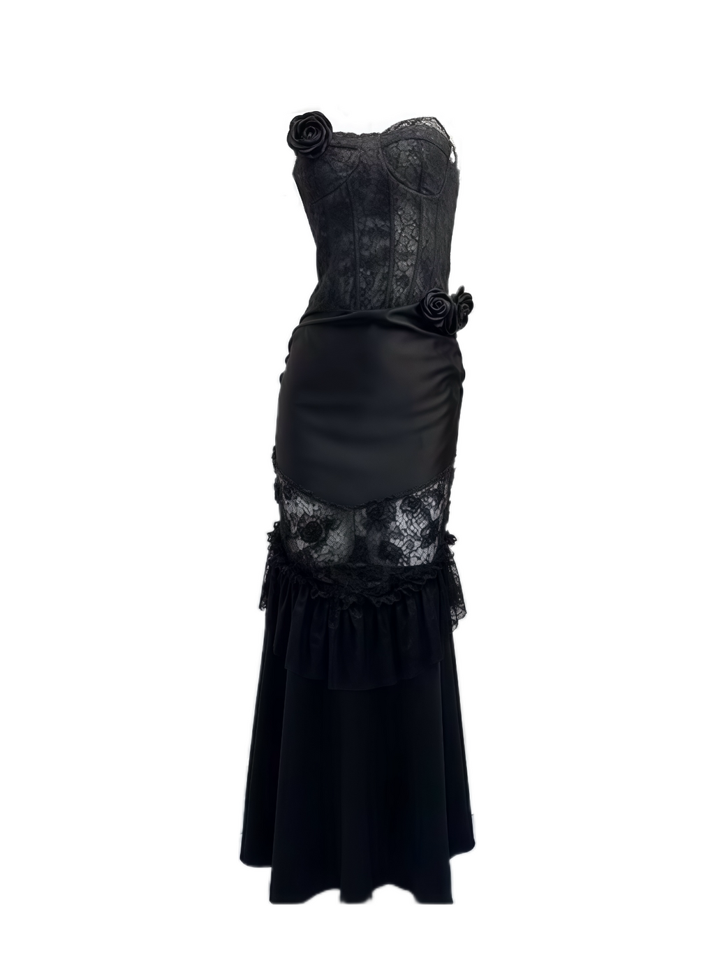 Strapless Lace Panel Maxi Dress with Rose Detail