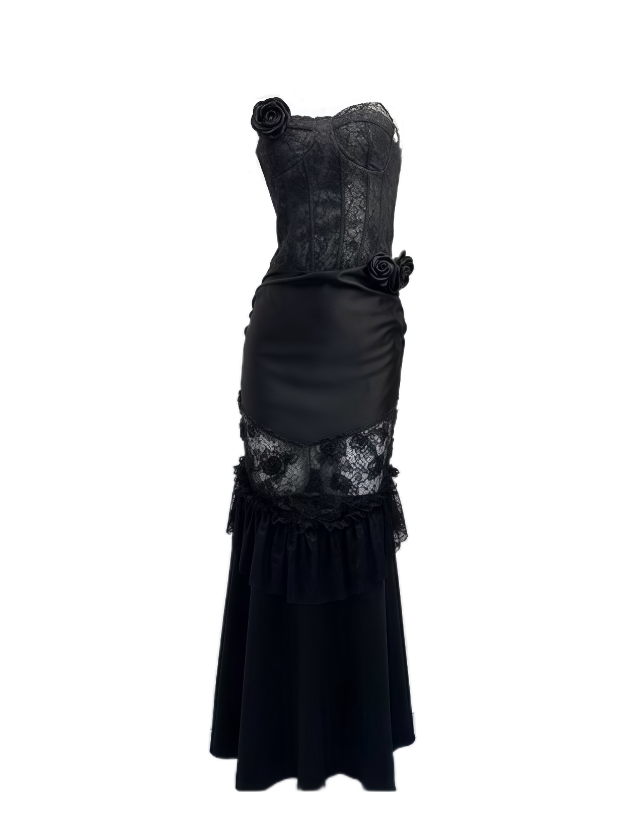 Strapless Lace Panel Maxi Dress with Rose Detail