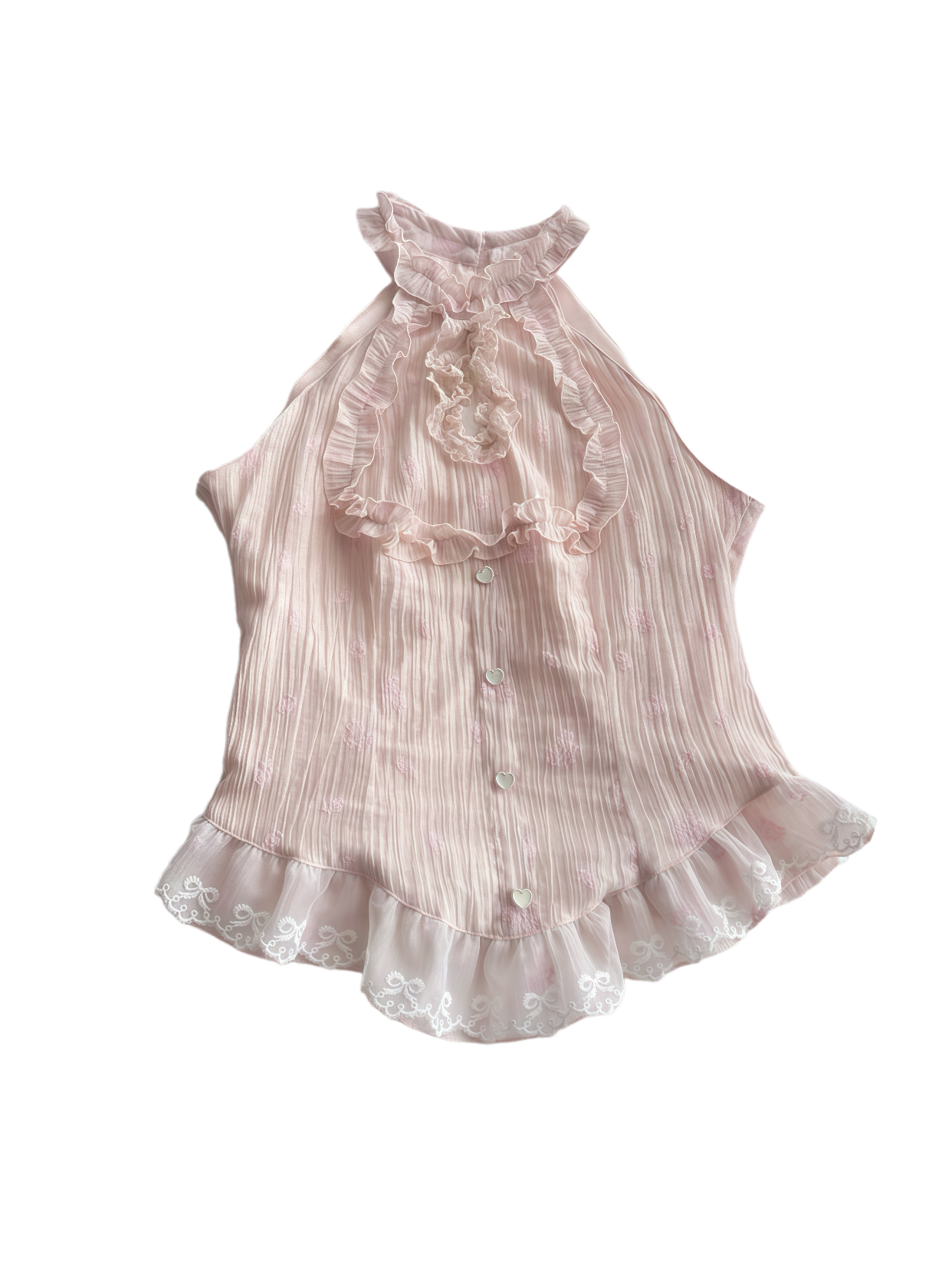 Sweet Pink Lace Halter Top with Cutout & Rose Detail Skirt Set