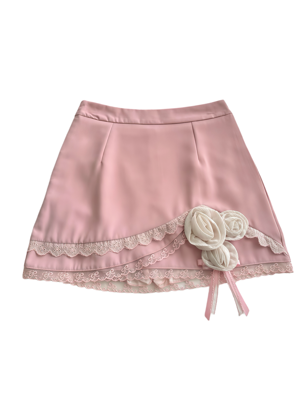 Sweet Pink Lace Halter Top with Cutout & Rose Detail Skirt Set