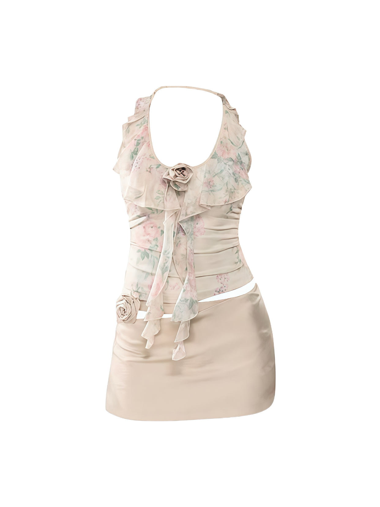 Floral Halter Lace Trim Two-Piece Set