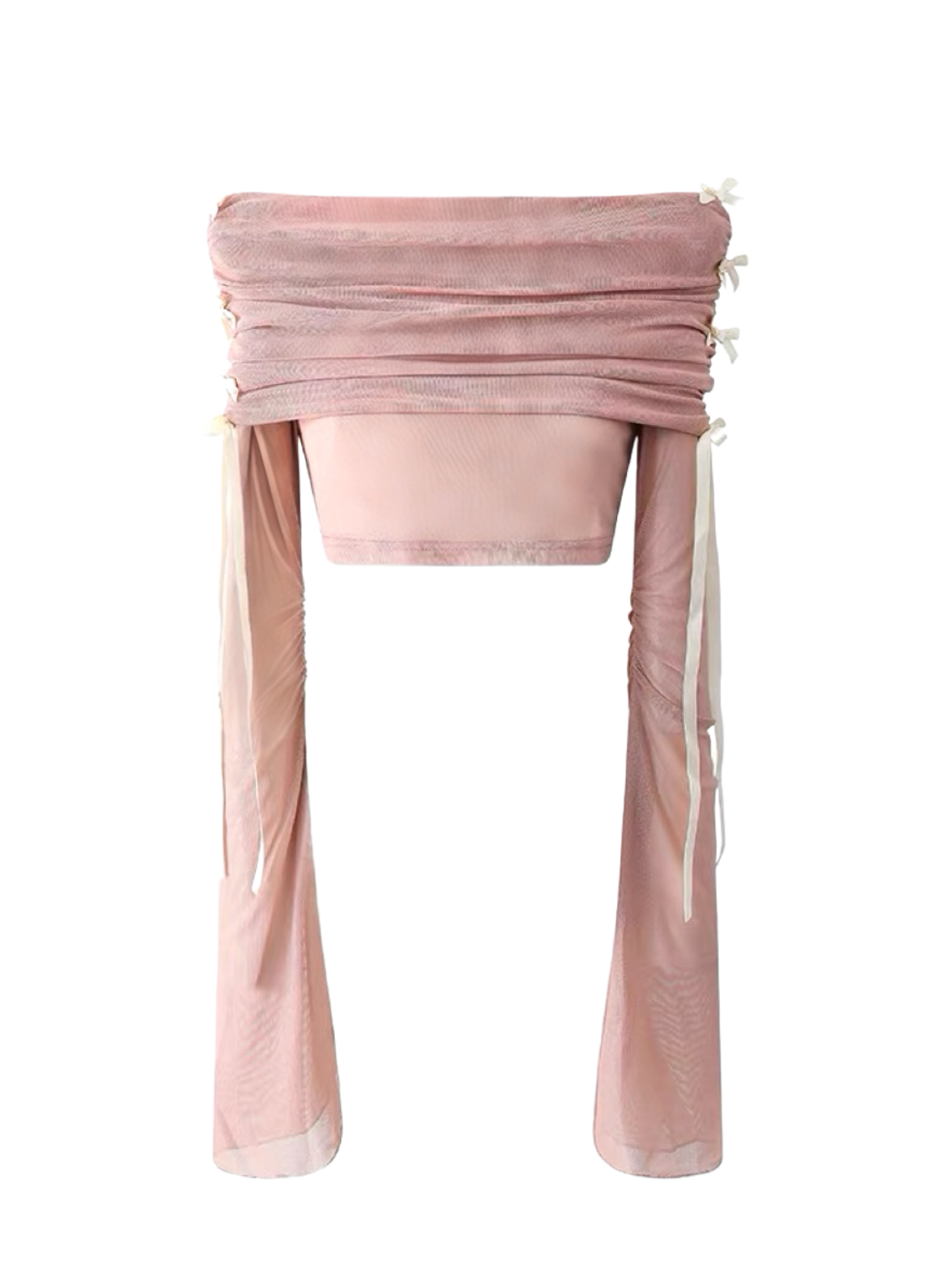 Pink Off-Shoulder Mesh Tie Crop Top