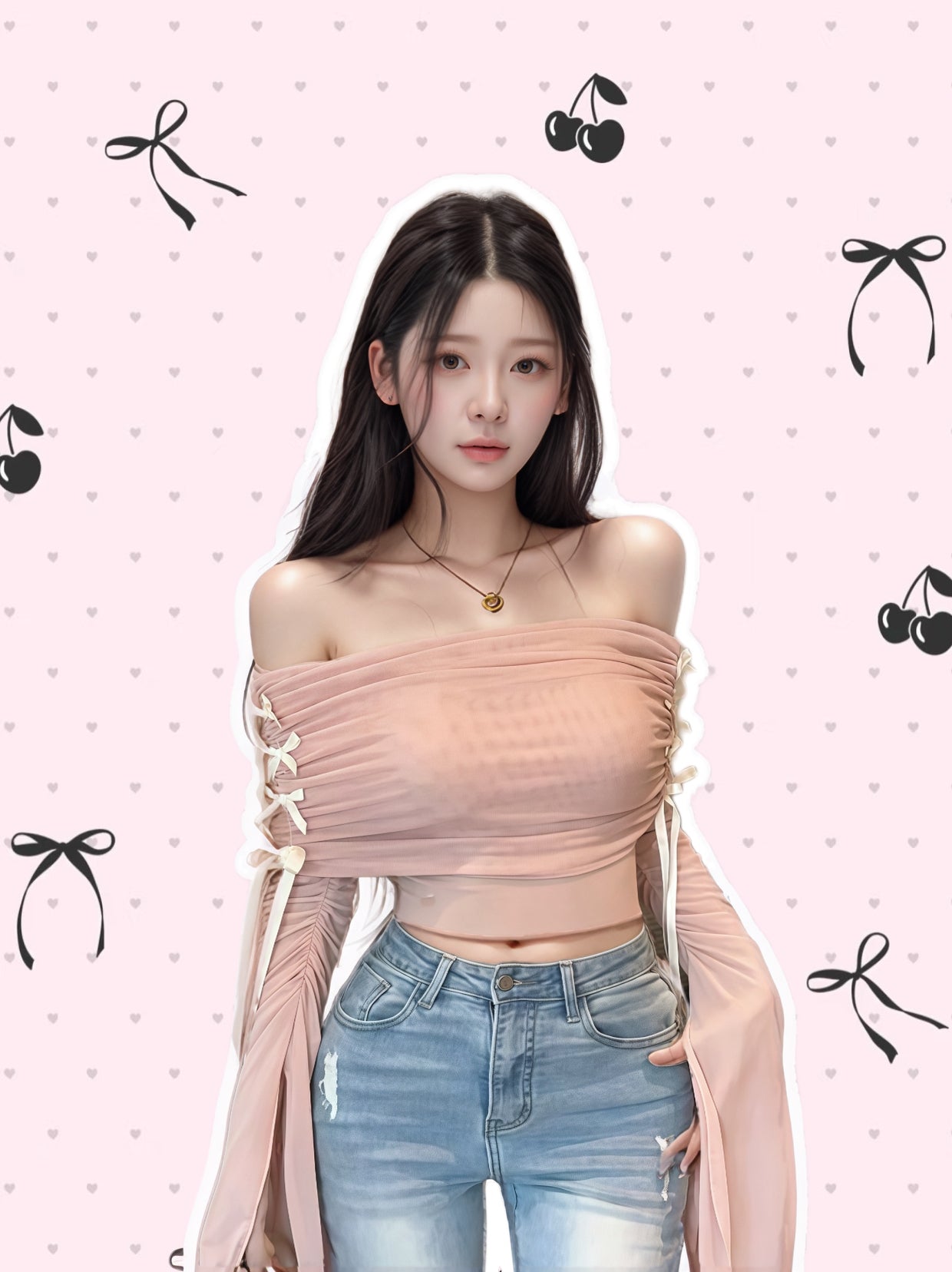 Pink Off-Shoulder Mesh Tie Crop Top
