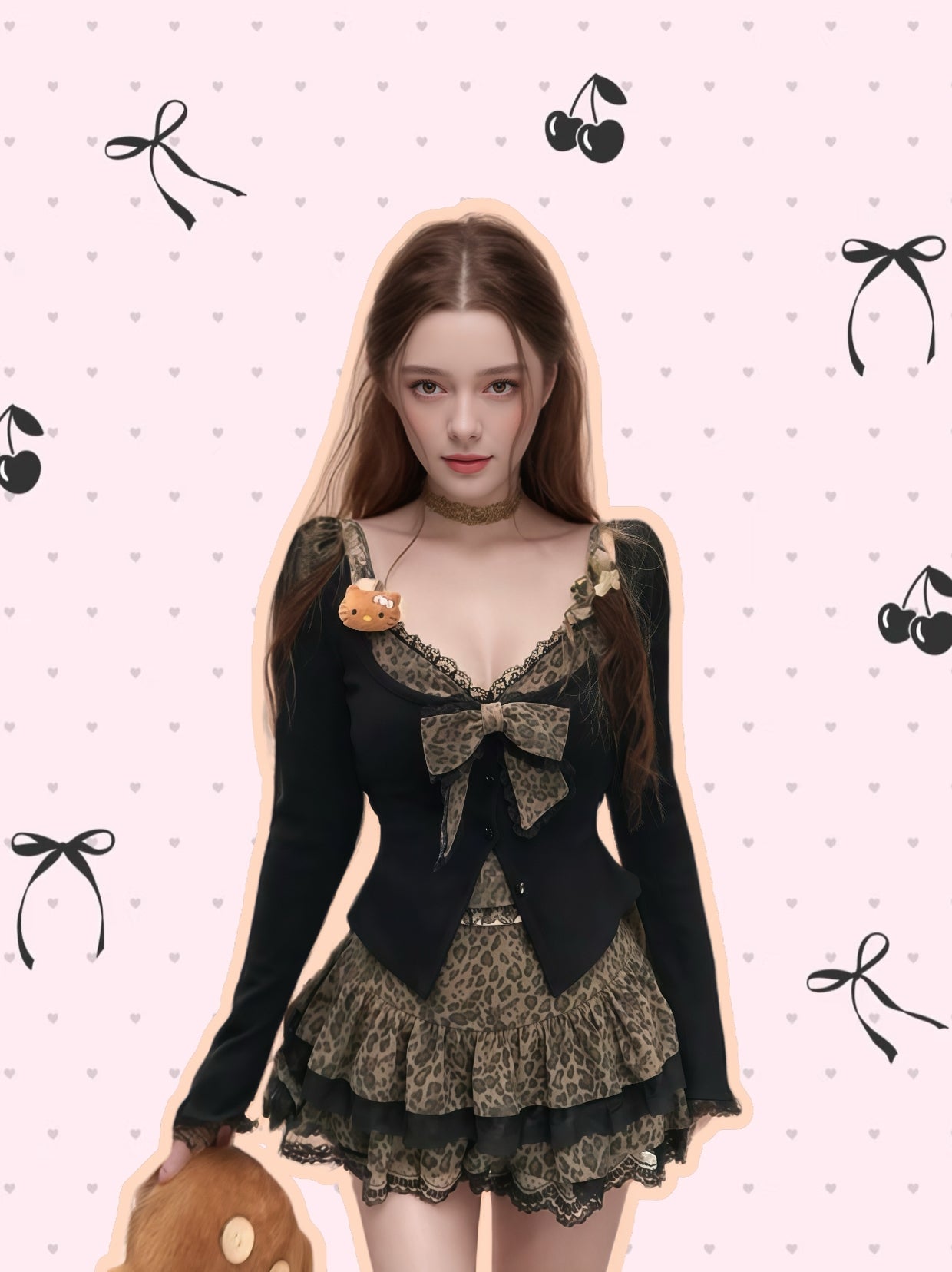 Leopard Bow Top & Lace Cardigan with Ruffle Mini Skirt Set