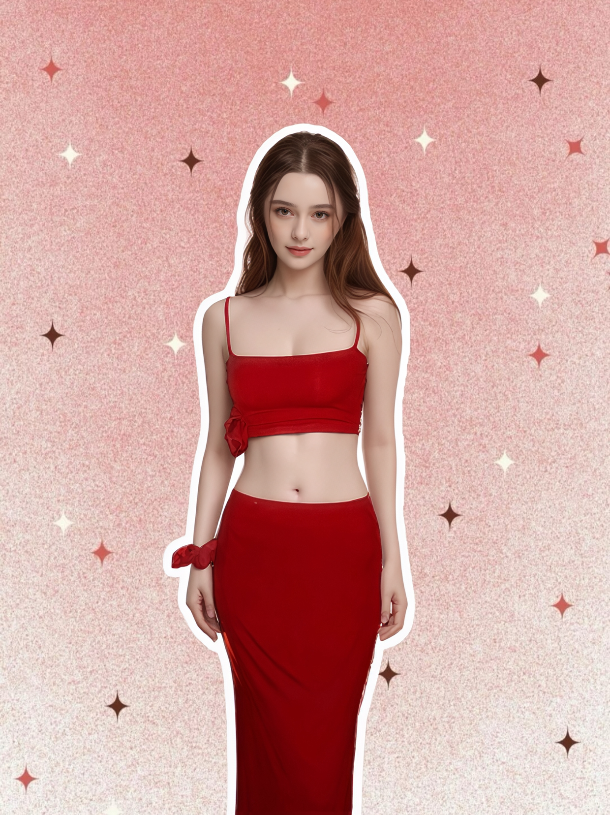 Red Floral Detail Crop Top & Slit Bodycon Skirt Two-Piece Set