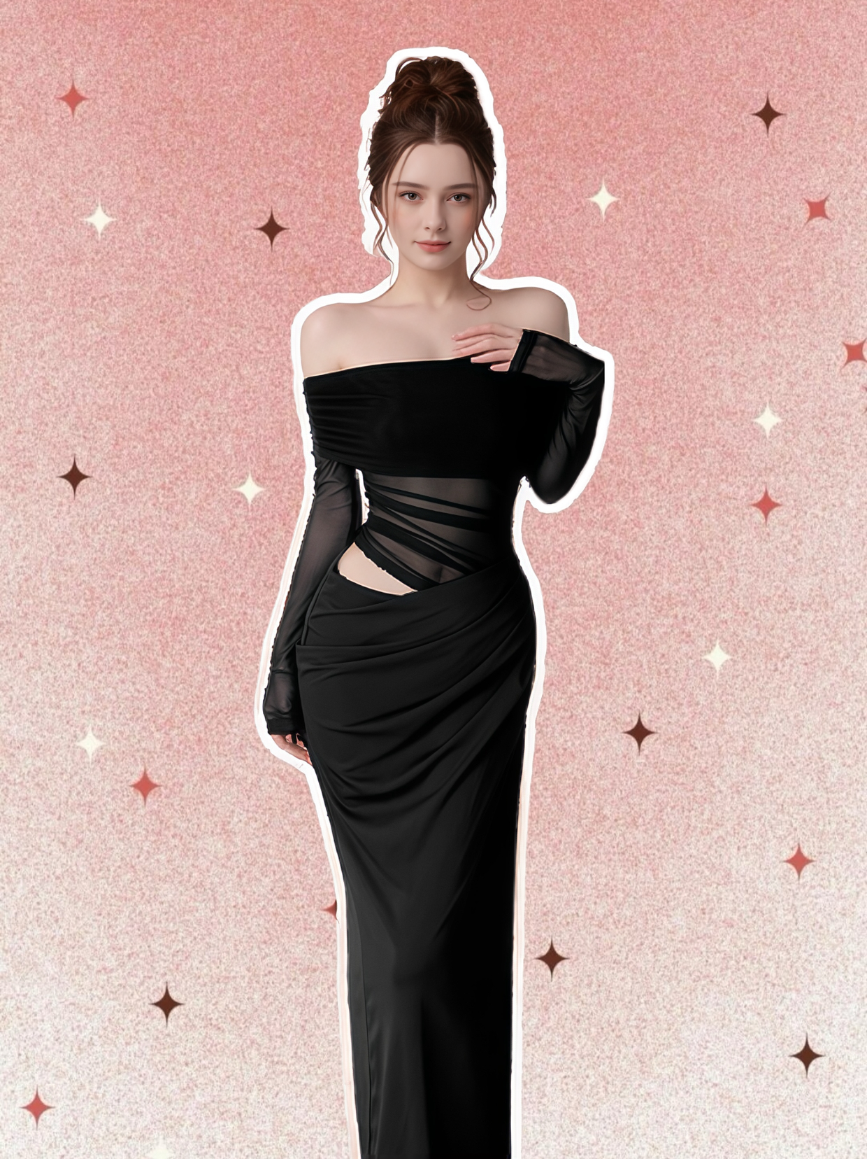 Off-Shoulder Sheer Sleeve Long Sleeve Maxi Dress