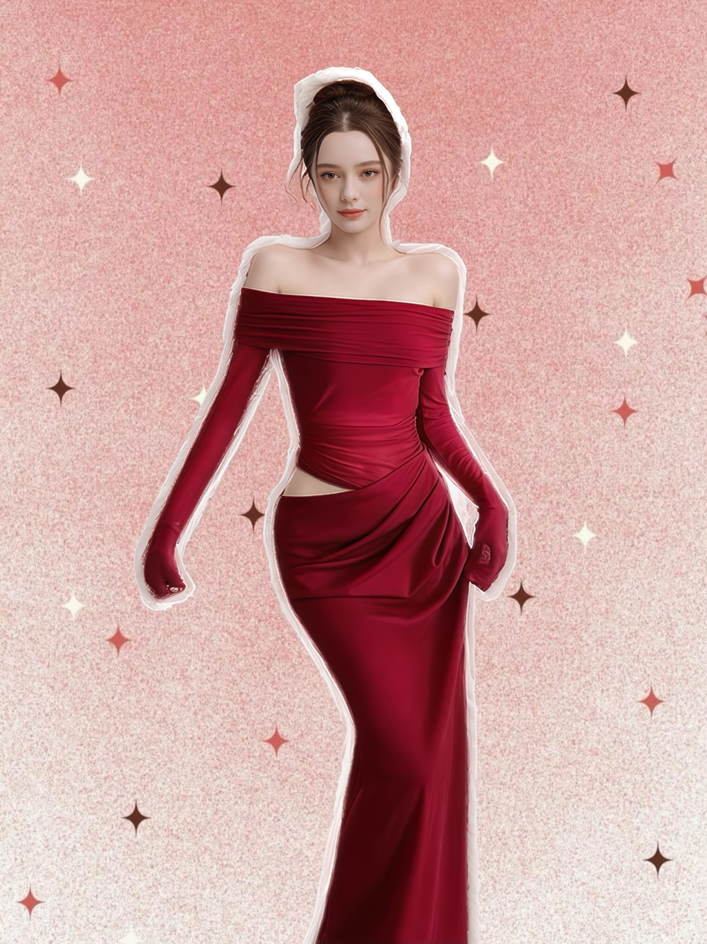 Off-Shoulder Sheer Sleeve Long Sleeve Maxi Dress