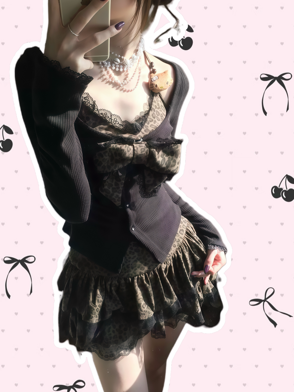 Leopard Bow Top & Lace Cardigan with Ruffle Mini Skirt Set