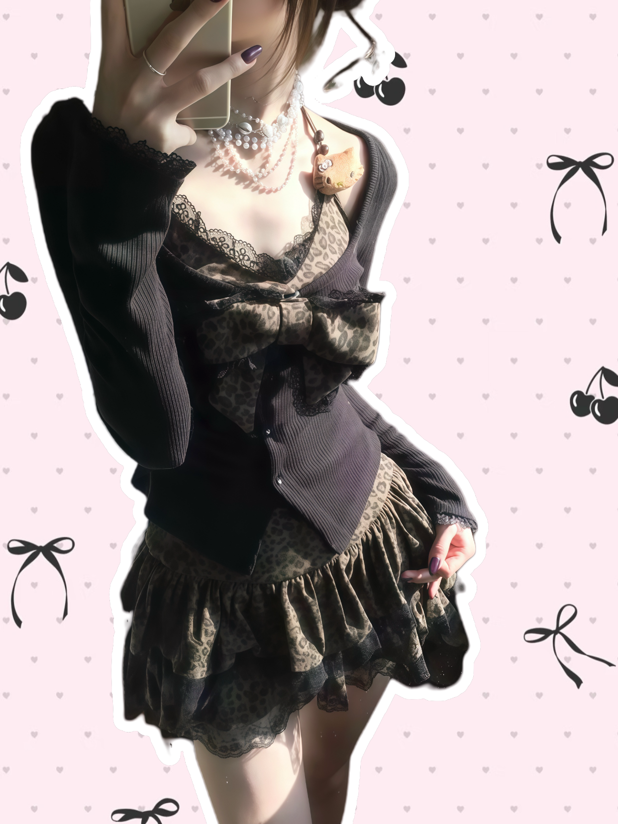Leopard Bow Top & Lace Cardigan with Ruffle Mini Skirt Set