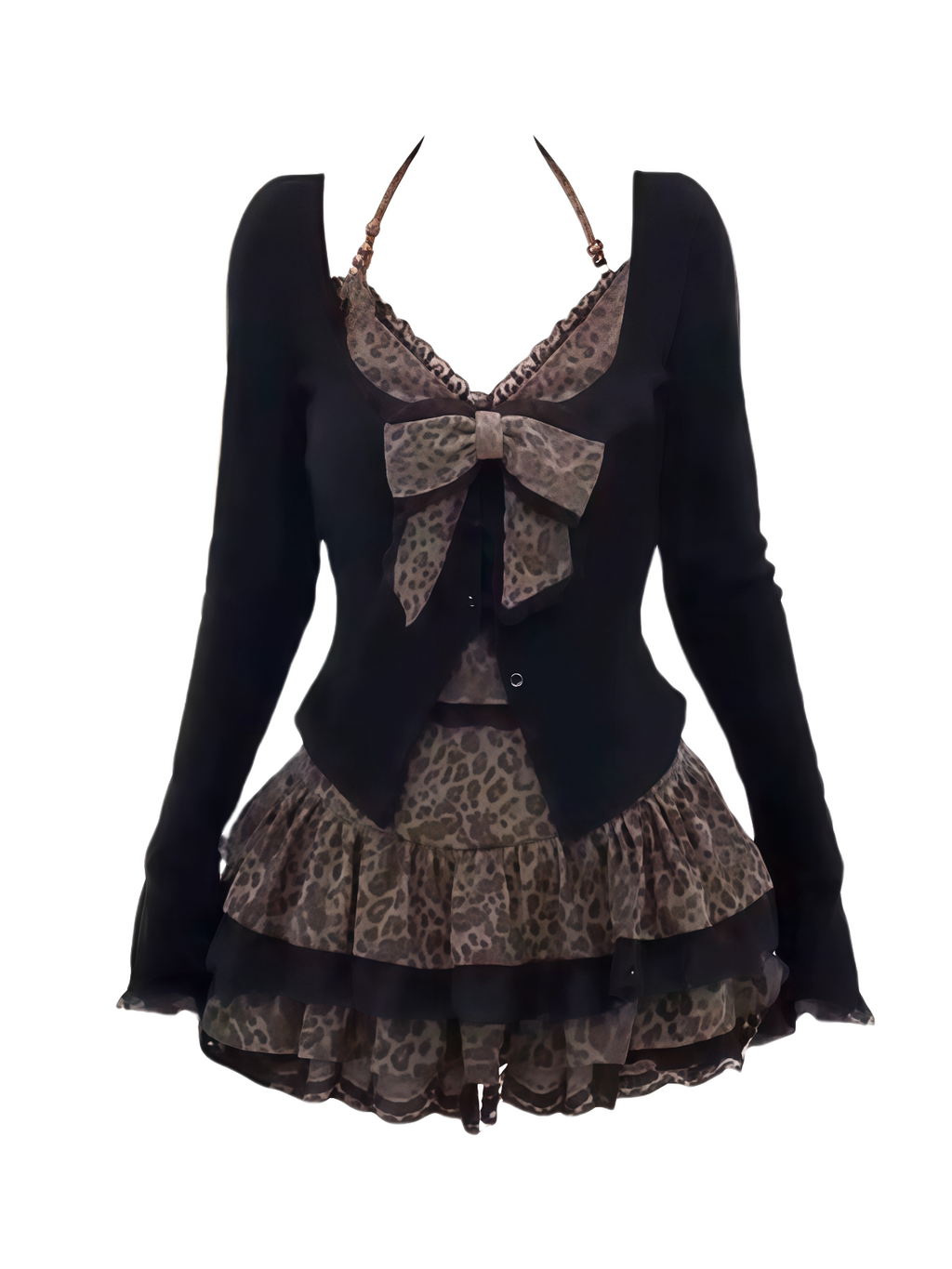 Leopard Bow Top & Lace Cardigan with Ruffle Mini Skirt Set