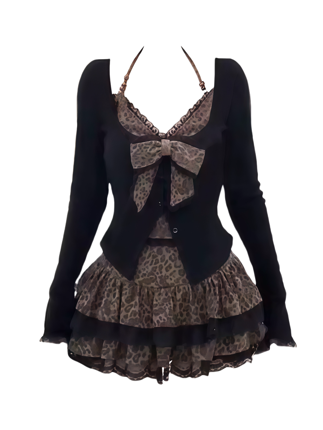 Leopard Bow Top & Lace Cardigan with Ruffle Mini Skirt Set