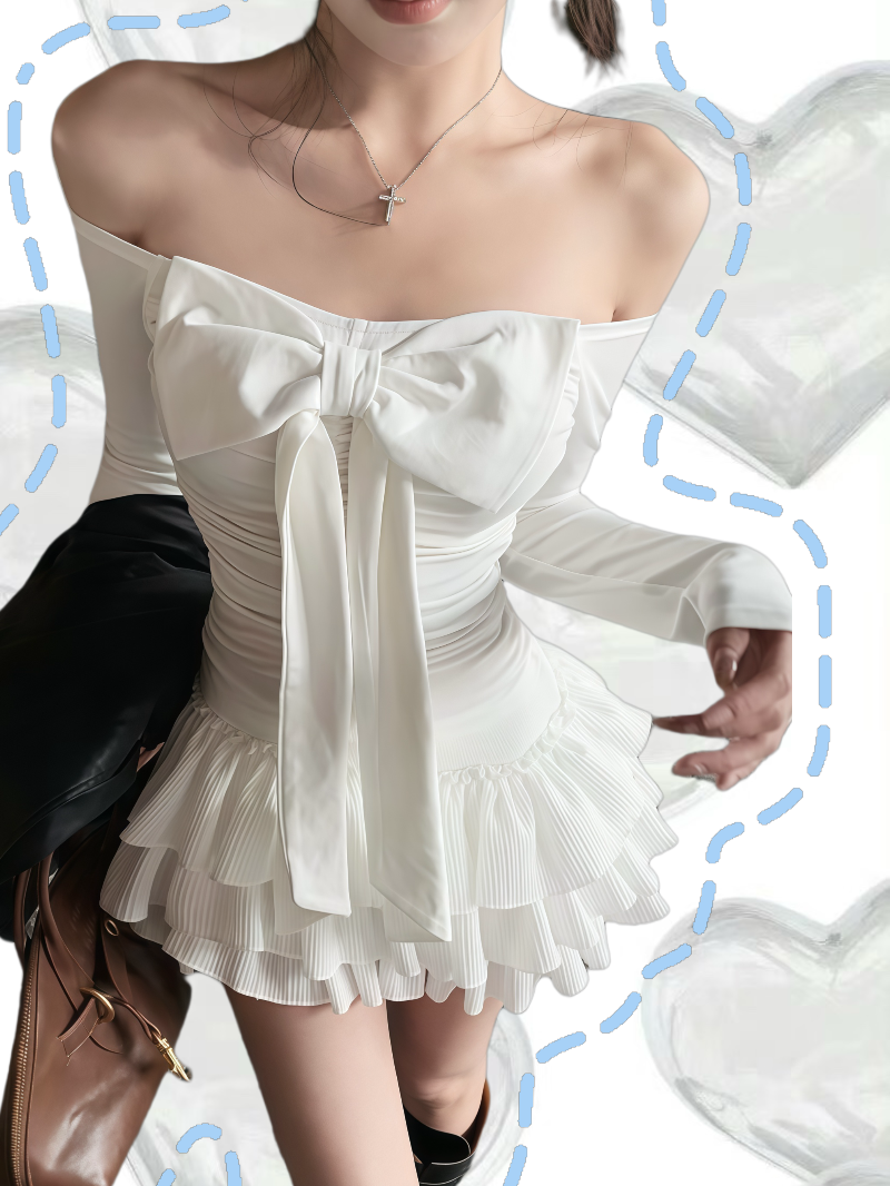 Off-Shoulder Bow Long Sleeve Ruched Top