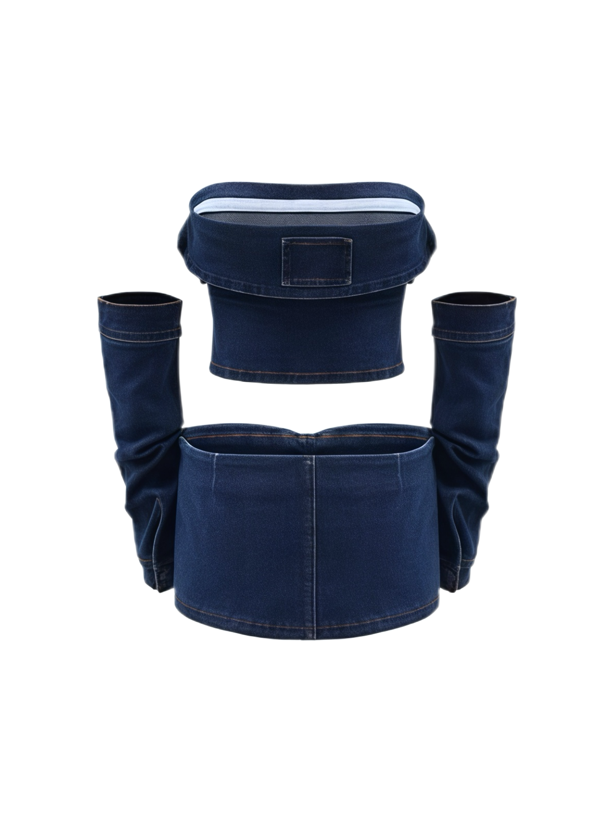 Denim Tube Top & Mini Skirt 3-Piece Set with Arm Sleeves