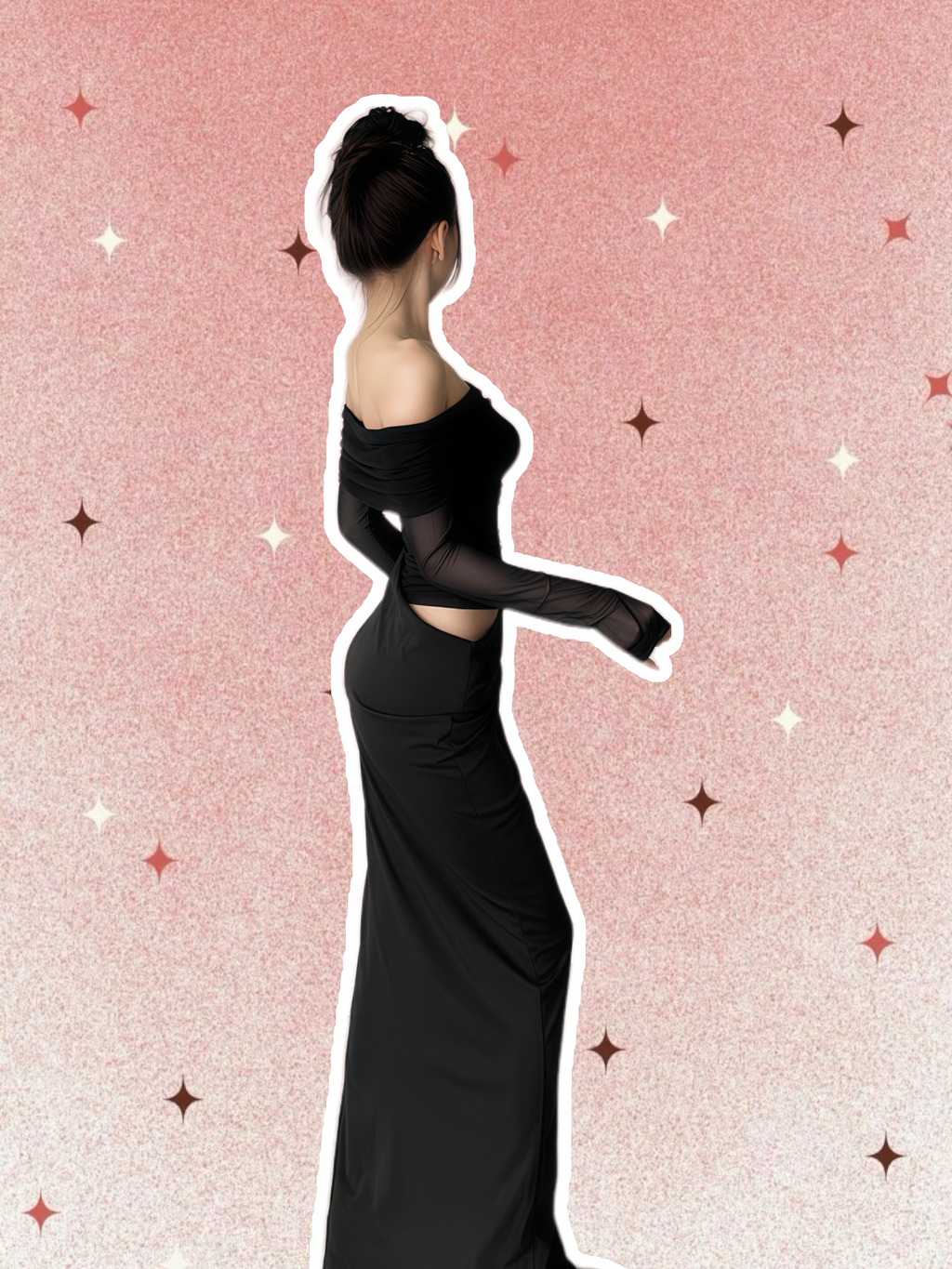 Off-Shoulder Sheer Sleeve Long Sleeve Maxi Dress