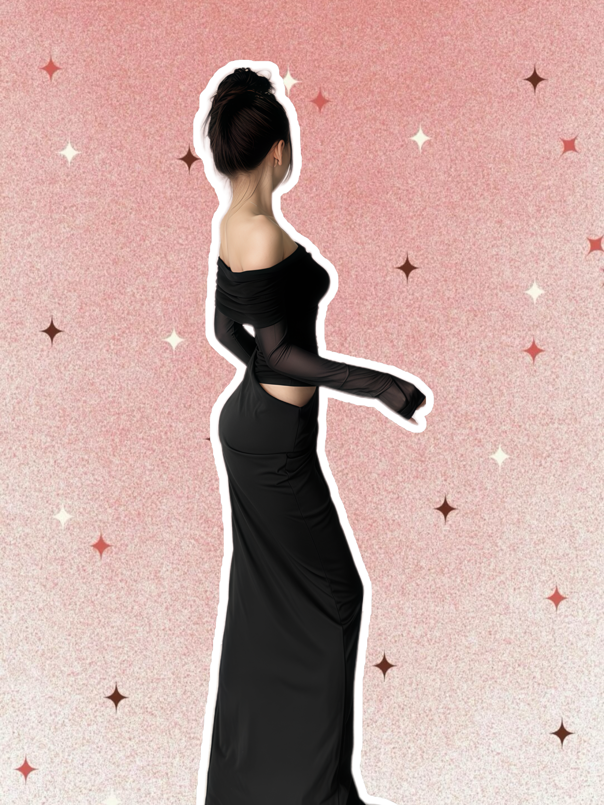 Off-Shoulder Sheer Sleeve Long Sleeve Maxi Dress