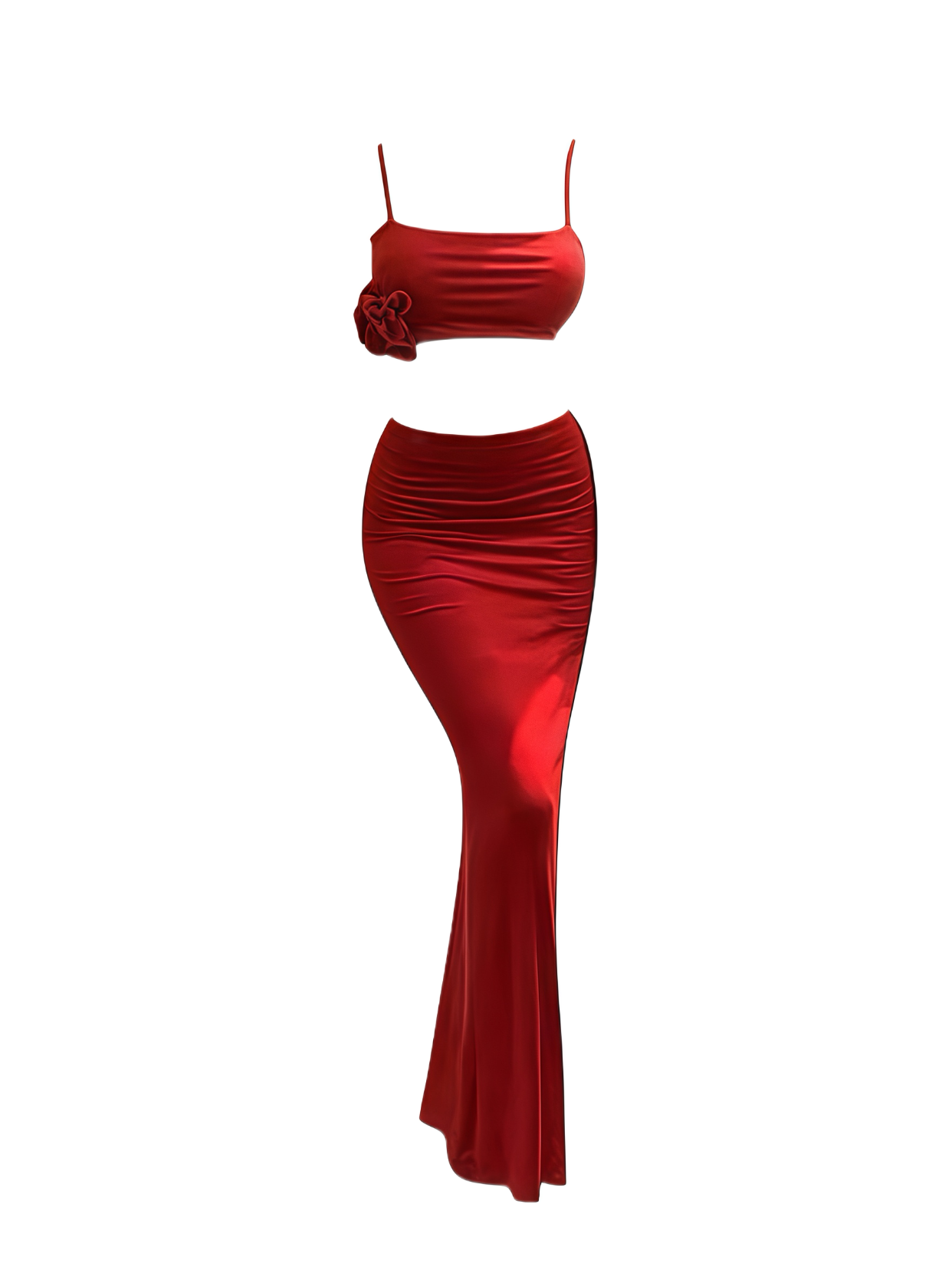 Red Floral Detail Crop Top & Slit Bodycon Skirt Two-Piece Set