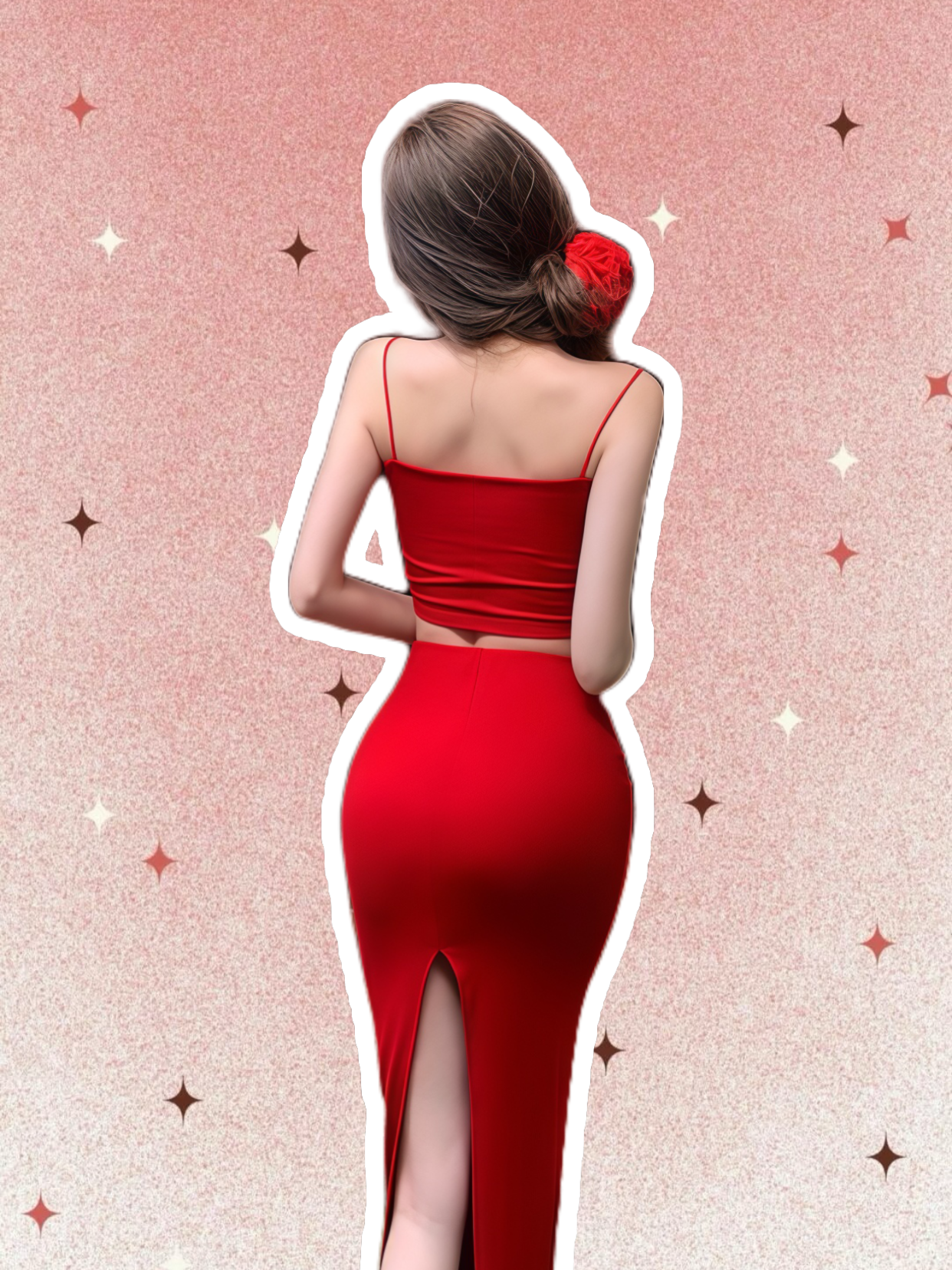 Red Floral Detail Crop Top & Slit Bodycon Skirt Two-Piece Set