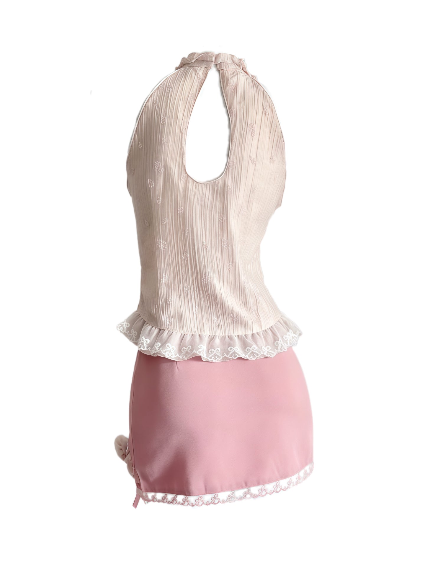 Sweet Pink Lace Halter Top with Cutout & Rose Detail Skirt Set